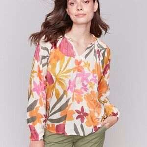 CHARLIE B Orange Pink Long Sleeve Graphic Blouse